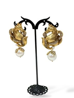 Neiman Marcus Gold Lion Pearl Drop Statement Earrings NWT